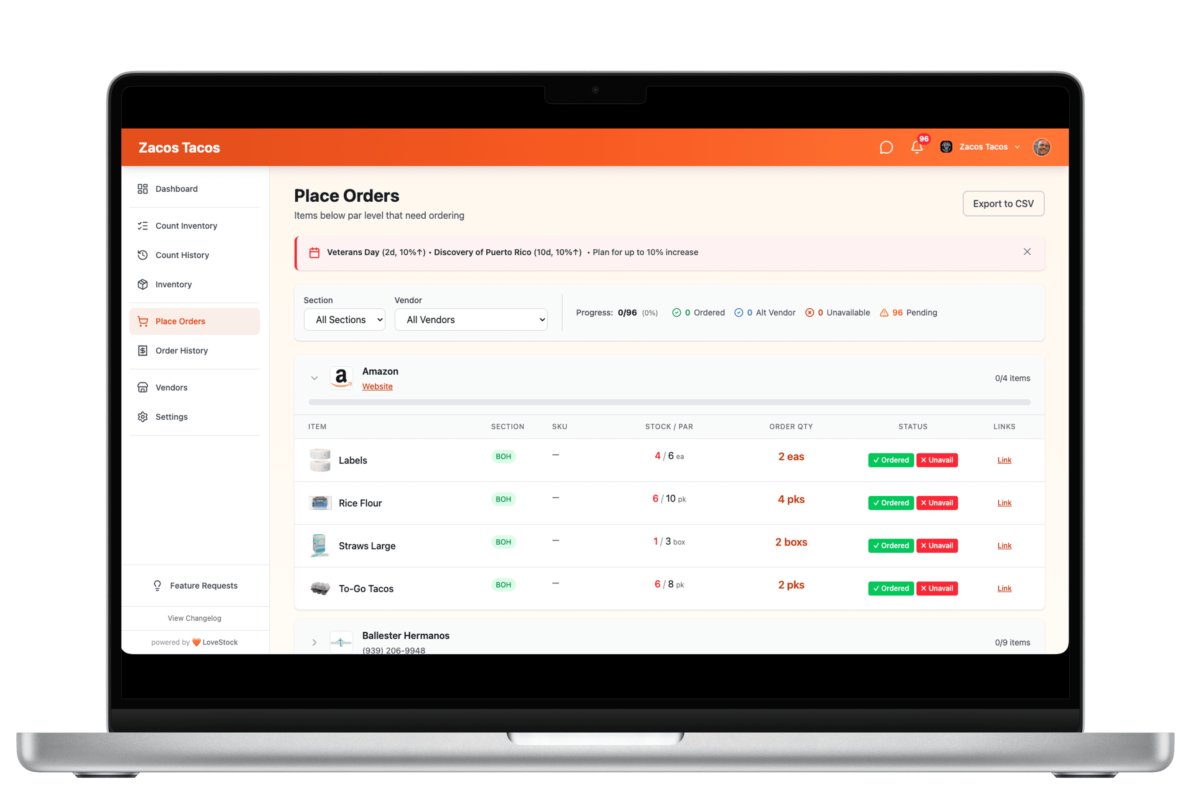 LoveStock ordering interface showing vendor-grouped items with stock levels