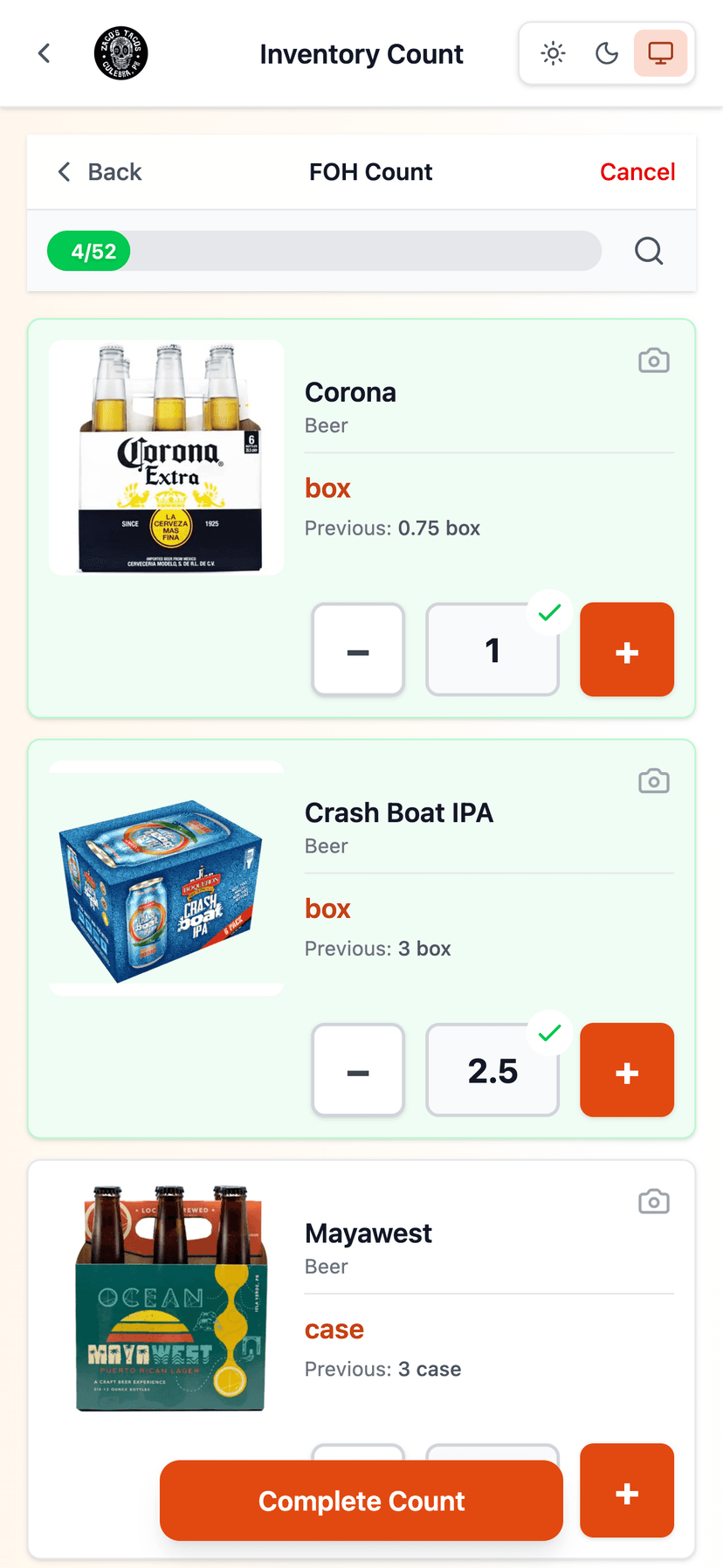 LoveStock mobile counting interface showing photo-based inventory