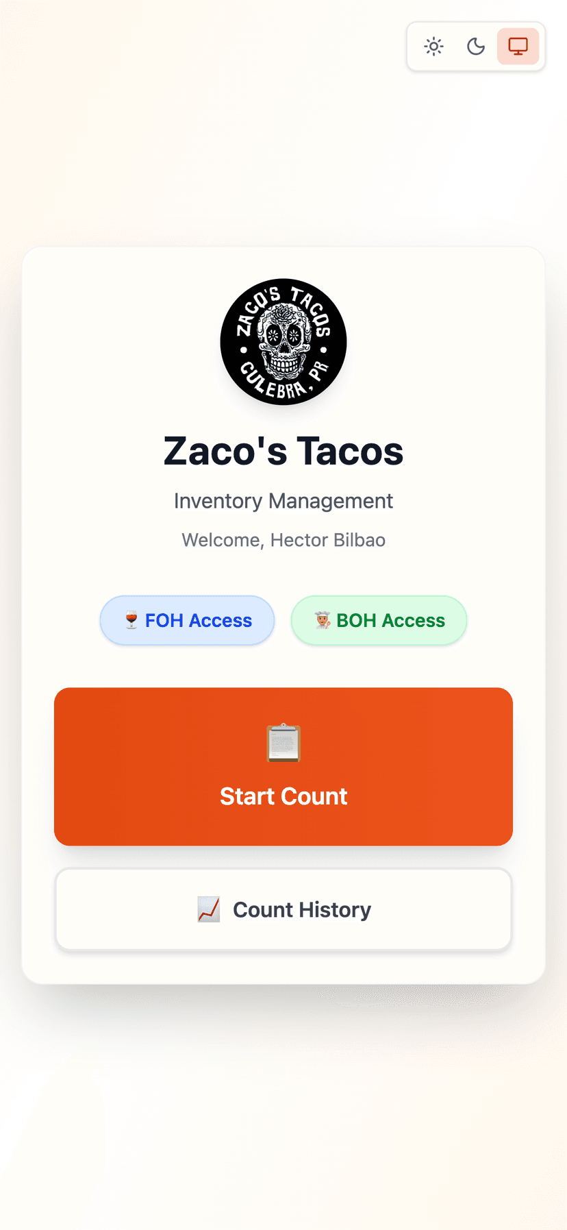 Mobile home screen with Start Count button