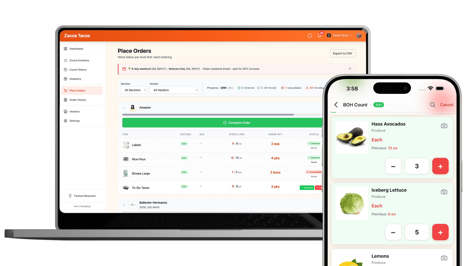 Split view: Mobile app for counting, Web dashboard for ordering