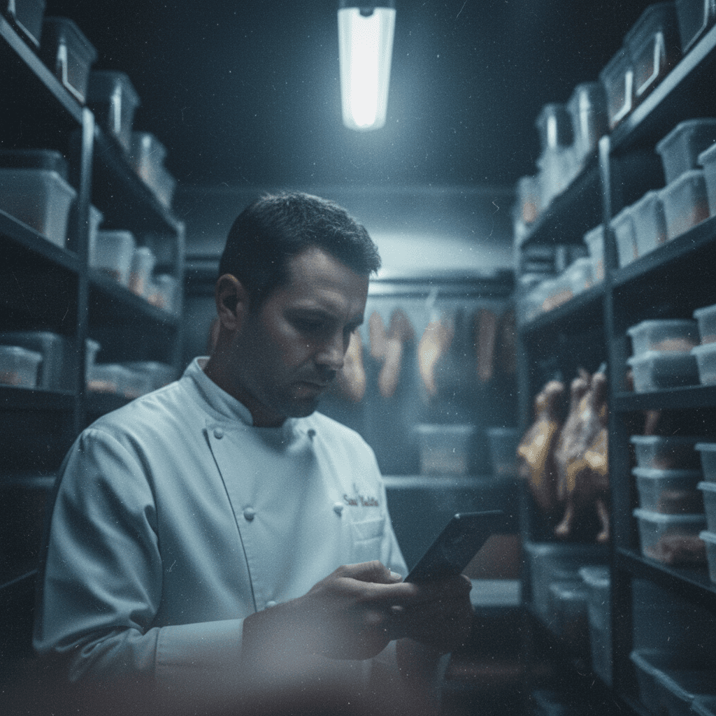 Chef counting inventory in a walk-in cooler with LoveStock mobile app