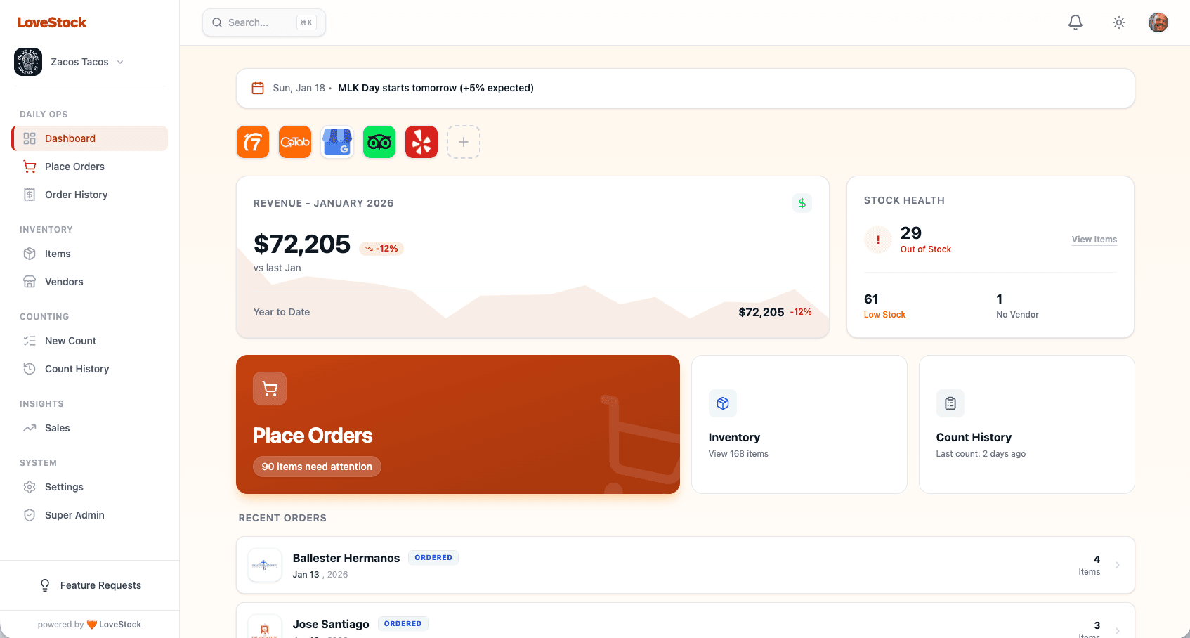 86 web dashboard for restaurant owners